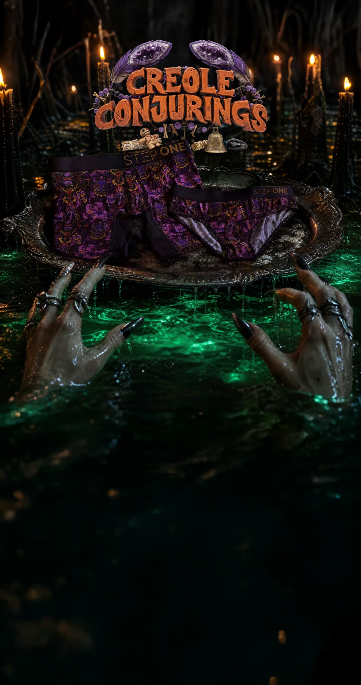 Creole Conjurings: the Halloween boxer brief and bikini brief on a silver tray in a candlelit swamp, with clawed hands rising from glowing green water