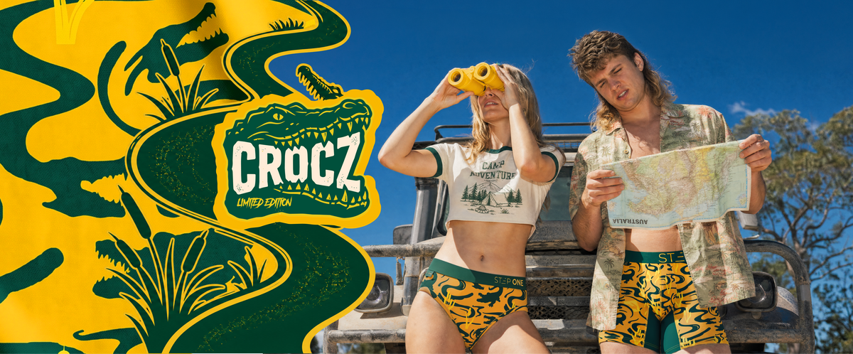Crocz limited edition underwear: a couple in Crocz print beside a 4WD with the Crocz croc artwork