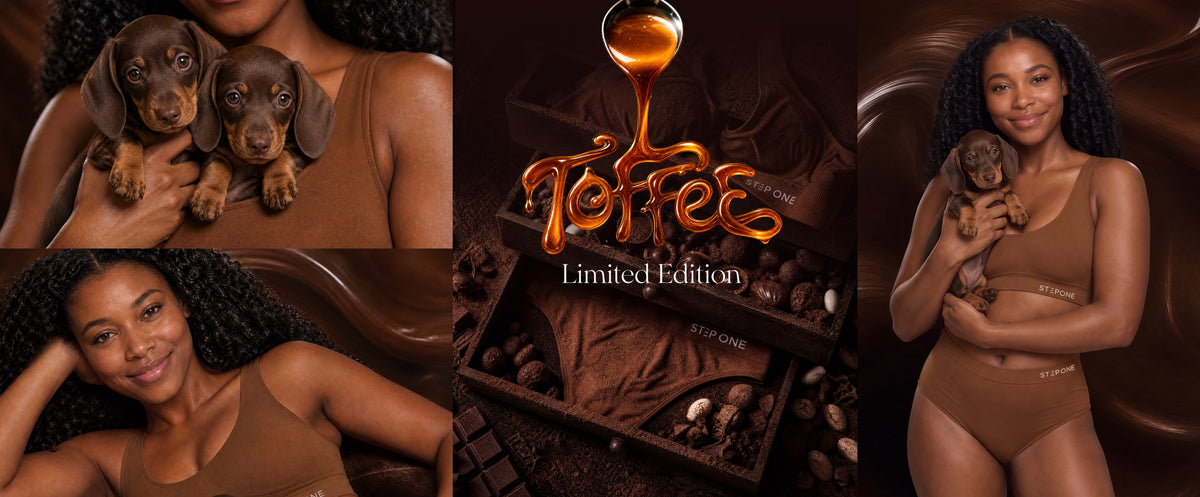Toffee limited edition: women in Toffee SmoothFit underwear with dachshund puppies, and a toffee drip over a chocolate box